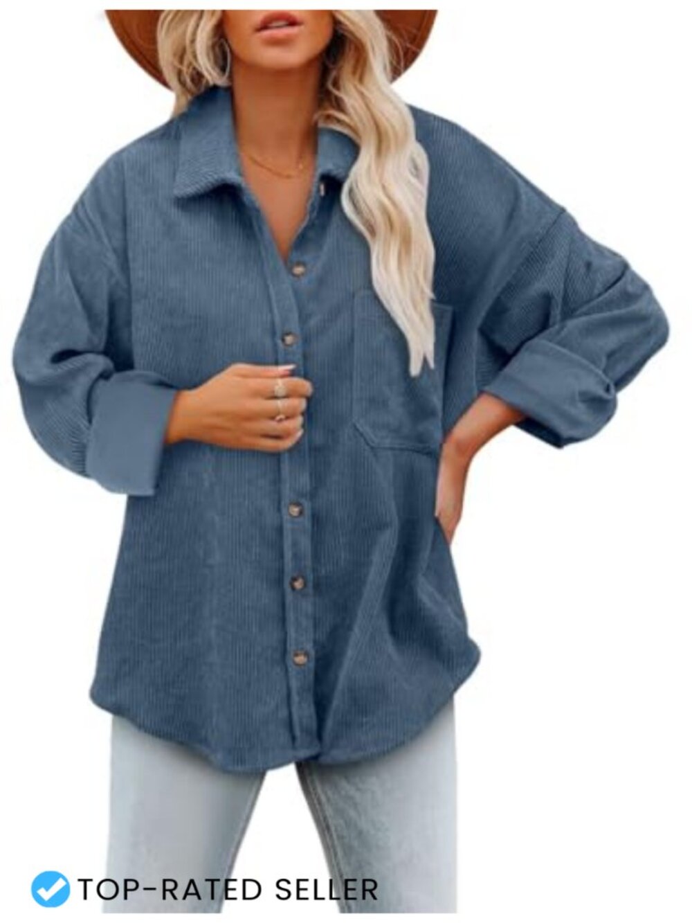 Womens Oversized Collared Long Sleeve Button Down Corduroy Shirt Blouse